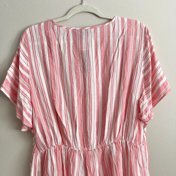 Lane Bryant Pink White Striped Babydoll Blouse Size 12 Button Flowy Short Sleeve - Picture 7 of 9